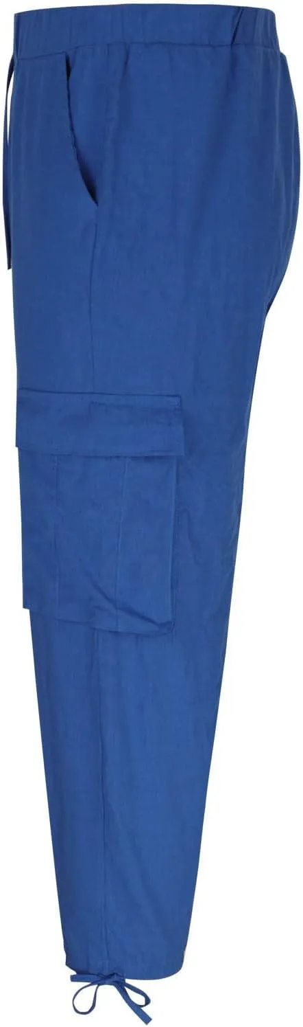 Men's Cotton Linen Lace up Elastic Waist Wide Leg Pants Fashion Solid Color Multiple Pockets Comfy Cargo Sweatpant