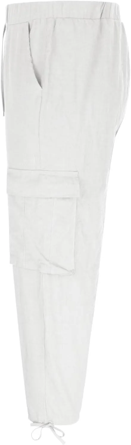 Men's Cotton Linen Lace up Elastic Waist Wide Leg Pants Fashion Solid Color Multiple Pockets Comfy Cargo Sweatpant