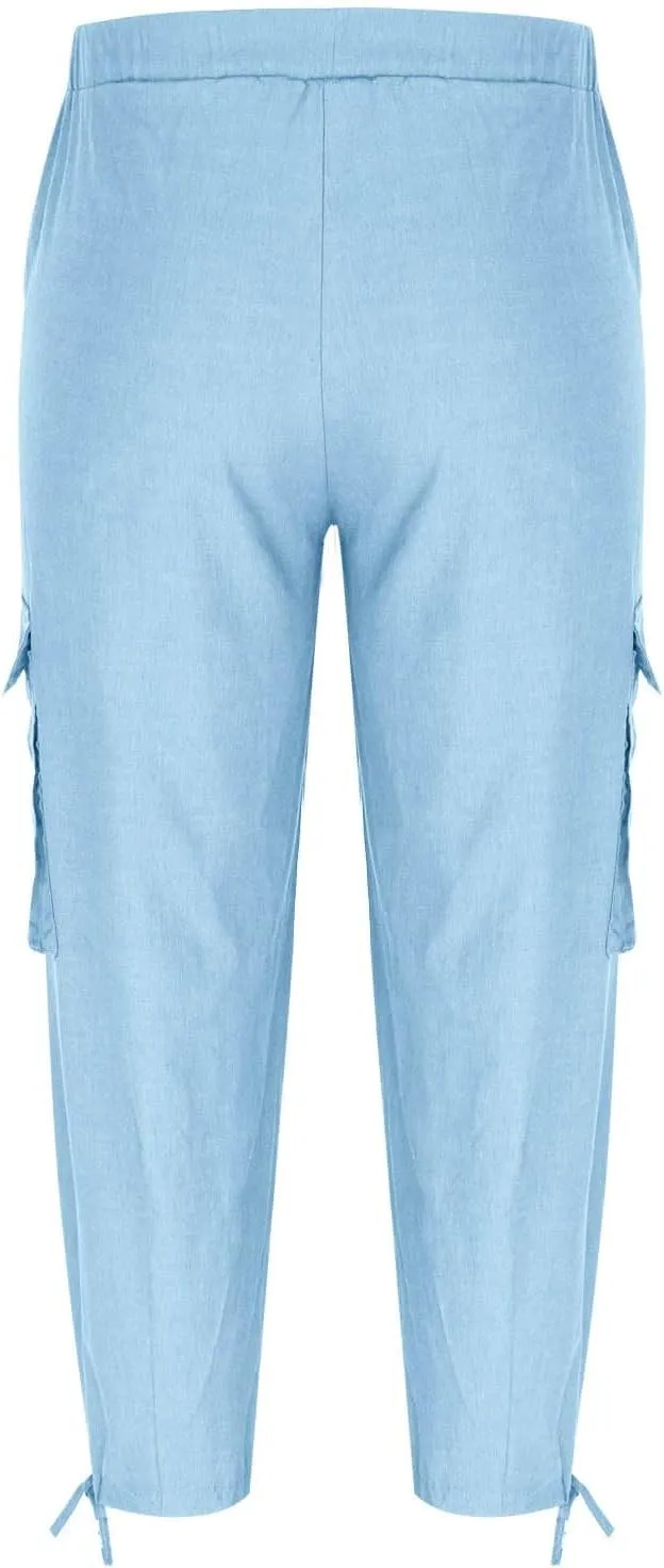 Men's Cotton Linen Lace up Elastic Waist Wide Leg Pants Fashion Solid Color Multiple Pockets Comfy Cargo Sweatpant