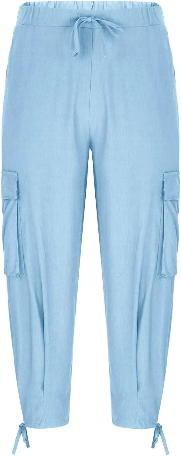 Men's Cotton Linen Lace up Elastic Waist Wide Leg Pants Fashion Solid Color Multiple Pockets Comfy Cargo Sweatpant