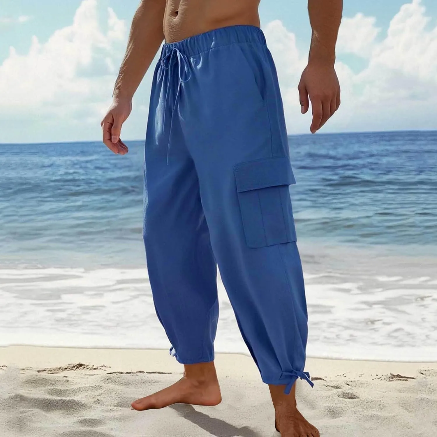 Men's Cotton Linen Lace up Elastic Waist Wide Leg Pants Fashion Solid Color Multiple Pockets Comfy Cargo Sweatpant