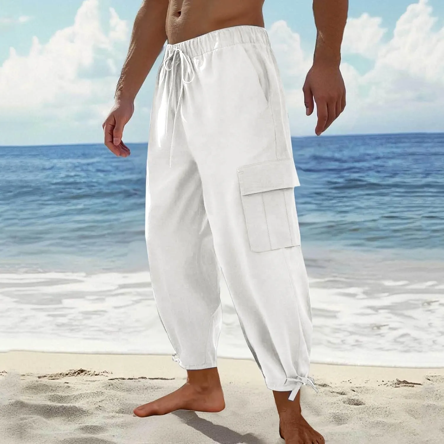 Men's Cotton Linen Lace up Elastic Waist Wide Leg Pants Fashion Solid Color Multiple Pockets Comfy Cargo Sweatpant