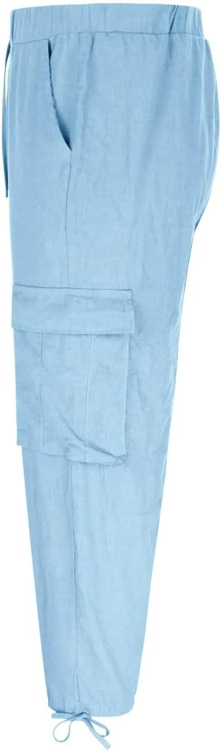 Men's Cotton Linen Lace up Elastic Waist Wide Leg Pants Fashion Solid Color Multiple Pockets Comfy Cargo Sweatpant