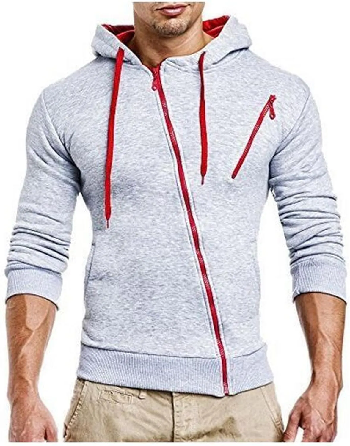Men's Diagonal Zipper Hoodies Side Zipper Slim Fit Lightweight Fleece for Running Hiking Gym Workouts with Zip Pockets