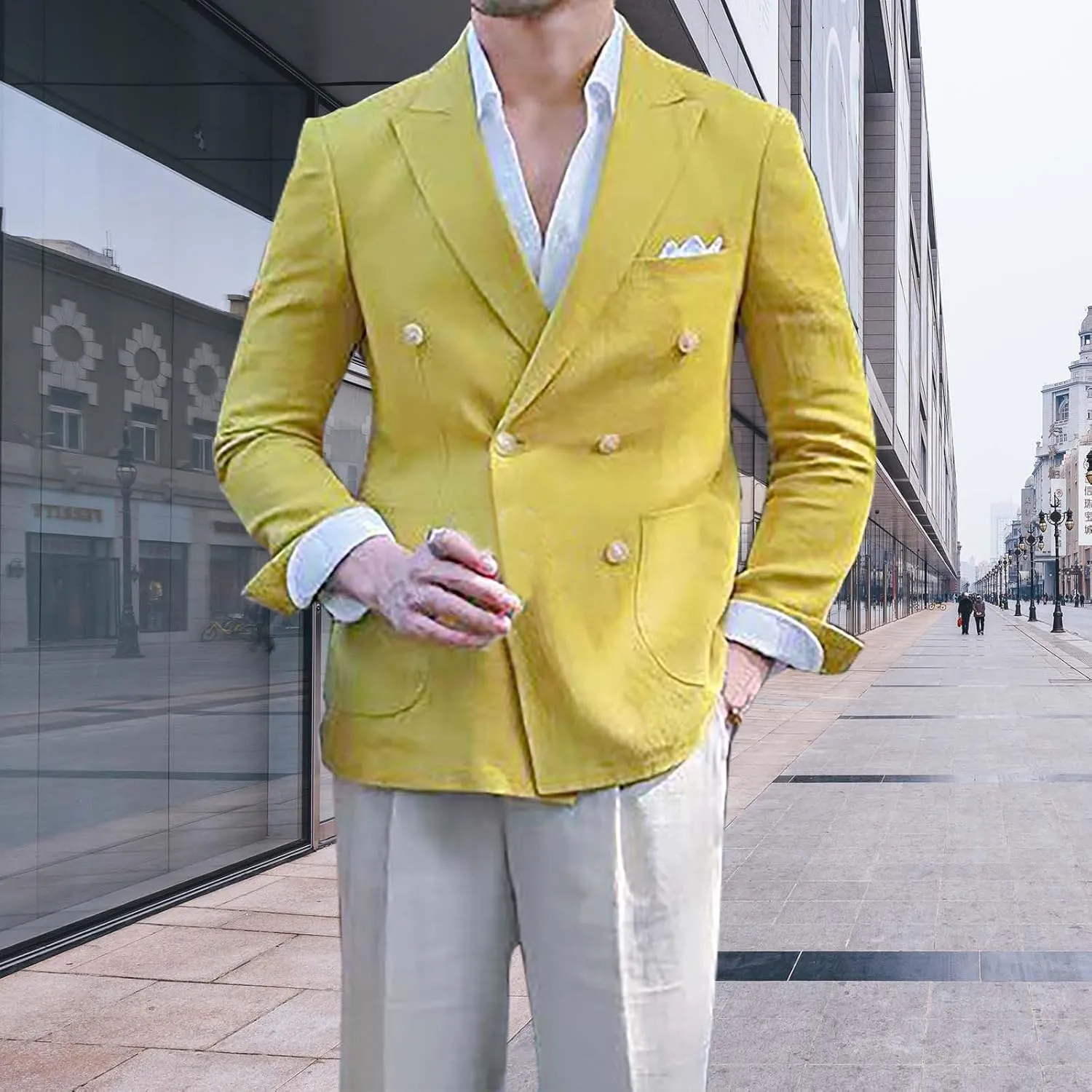 Mens Double Breasted Blazer Casual Jacket Lightweight Slim Fit Sports Coat Formal Business Wedding Dinner Suit Jacket