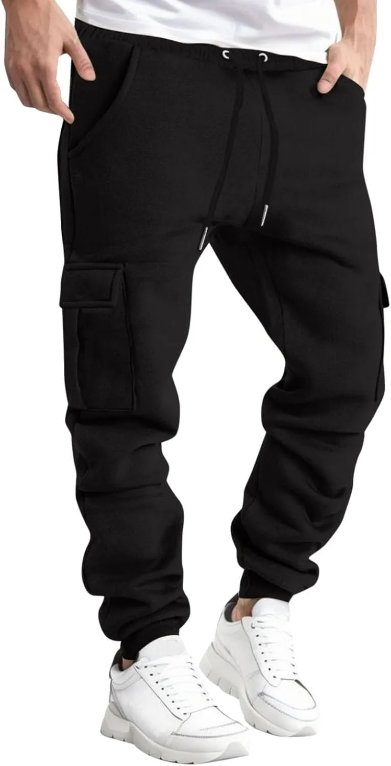Men's Drawstring Cargo Sweatpants Open Bottom Fleece Athletic Hiking Jogger Cargo Sweatpants for Men with Pockets
