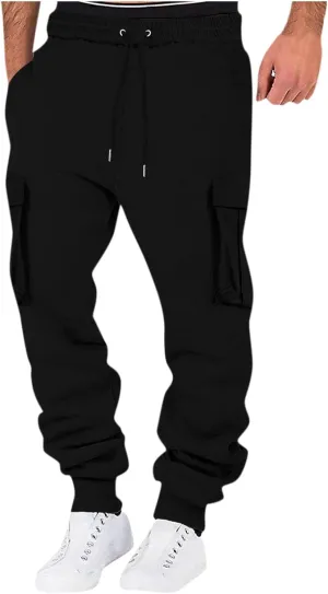 Men's Drawstring Cargo Sweatpants Open Bottom Fleece Athletic Hiking Jogger Cargo Sweatpants for Men with Pockets