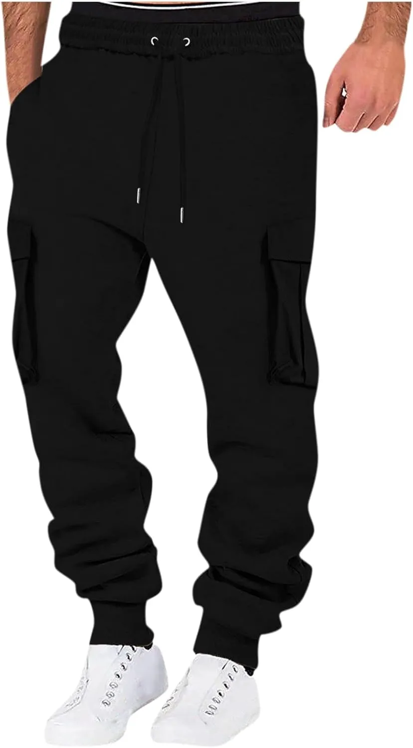 Men's Drawstring Cargo Sweatpants Open Bottom Fleece Athletic Hiking Jogger Cargo Sweatpants for Men with Pockets