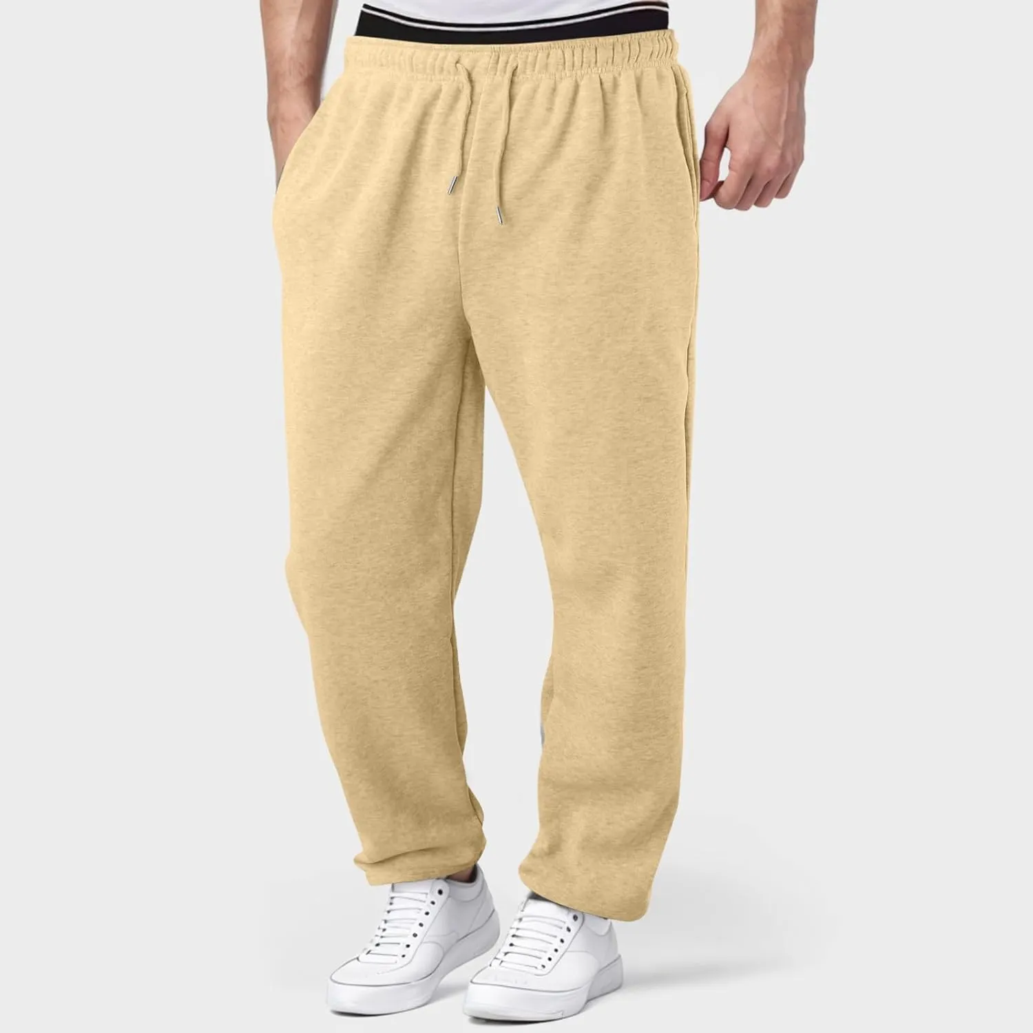 Men's Heavyweight Fleece Cargo Sweatpants Baggy Sweat Pants with Pockets Elastic Waist Drawstring Joggers Trousers