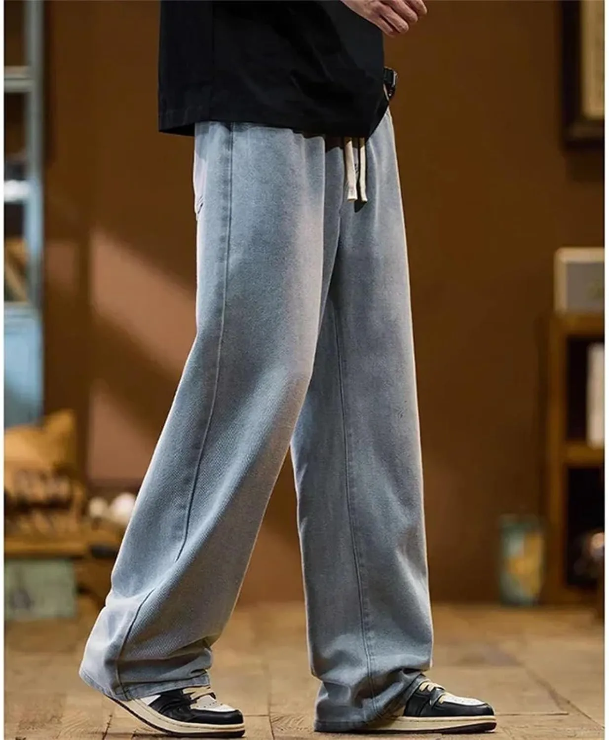 Men's High Retro Elastic Drawstring Baggy Jeans Fashion Straight Wide Leg Casual Jeans