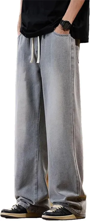 Men's High Retro Elastic Drawstring Baggy Jeans Fashion Straight Wide Leg Casual Jeans