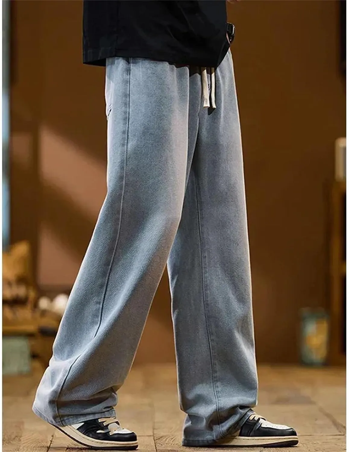 Men's High Retro Elastic Drawstring Baggy Jeans Fashion Straight Wide Leg Casual Jeans