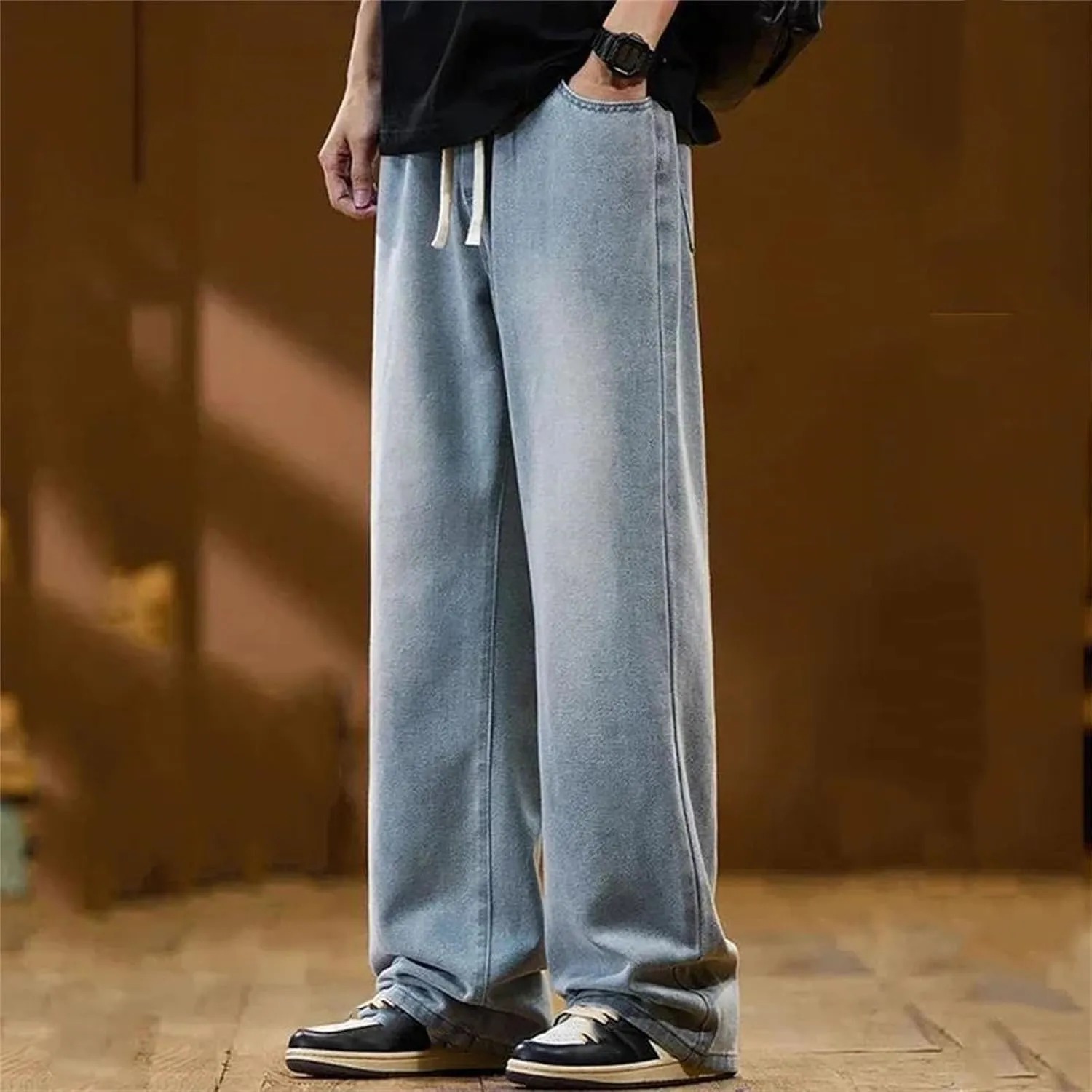 Men's High Retro Elastic Drawstring Baggy Jeans Fashion Straight Wide Leg Casual Jeans