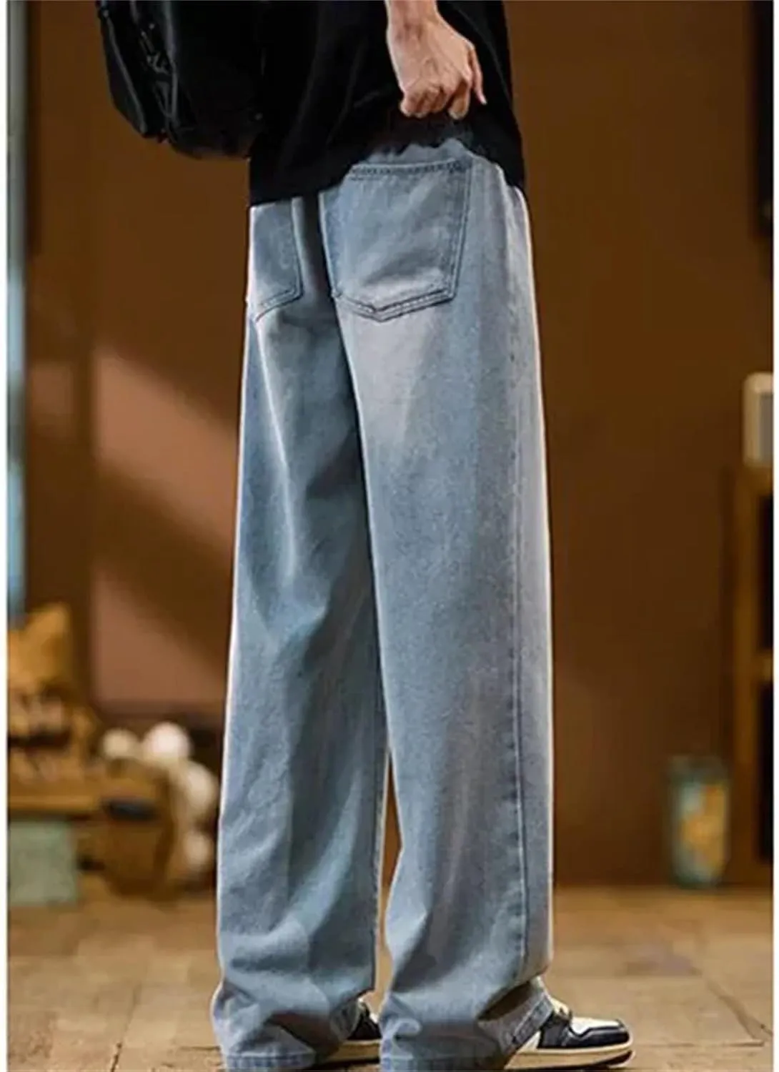 Men's High Retro Elastic Drawstring Baggy Jeans Fashion Straight Wide Leg Casual Jeans