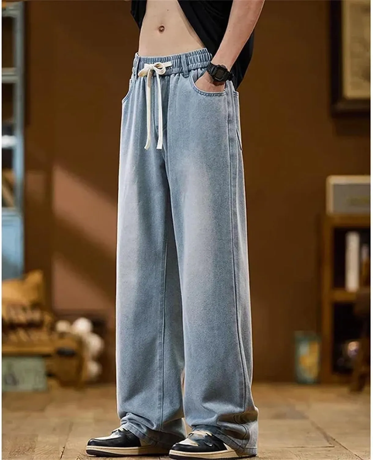 Men's High Retro Elastic Drawstring Baggy Jeans Fashion Straight Wide Leg Casual Jeans