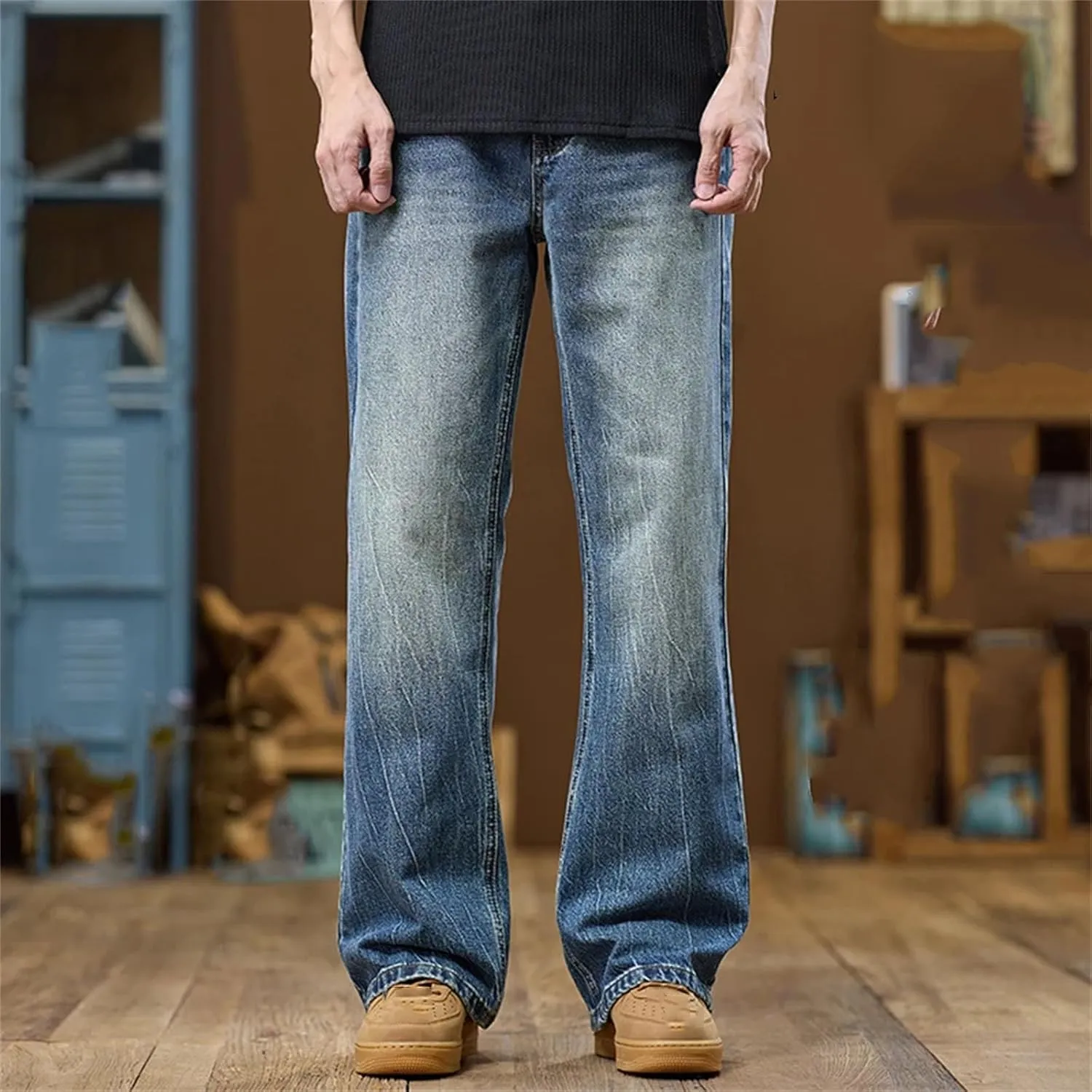 Mens High Waist Baggy Jeans Wide Leg Denim Pants Casual Loose Fit Jeans with Pockets