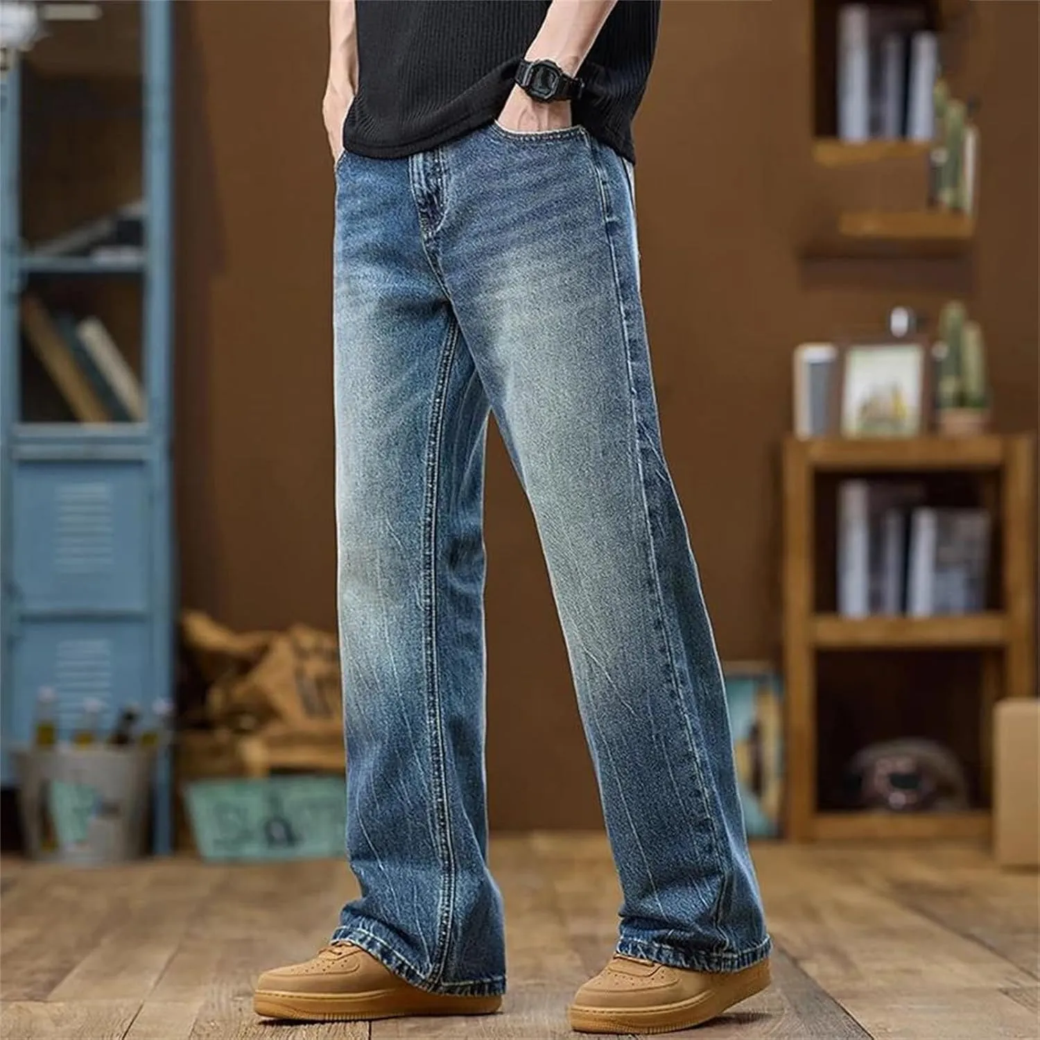 Mens High Waist Baggy Jeans Wide Leg Denim Pants Casual Loose Fit Jeans with Pockets