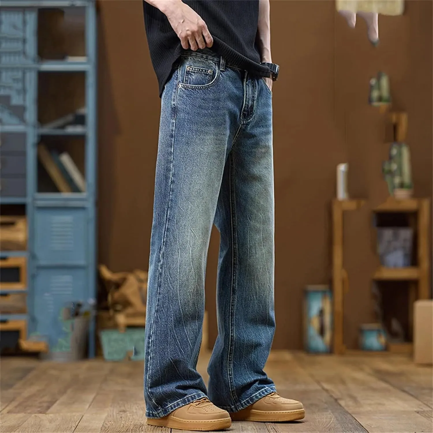 Mens High Waist Baggy Jeans Wide Leg Denim Pants Casual Loose Fit Jeans with Pockets