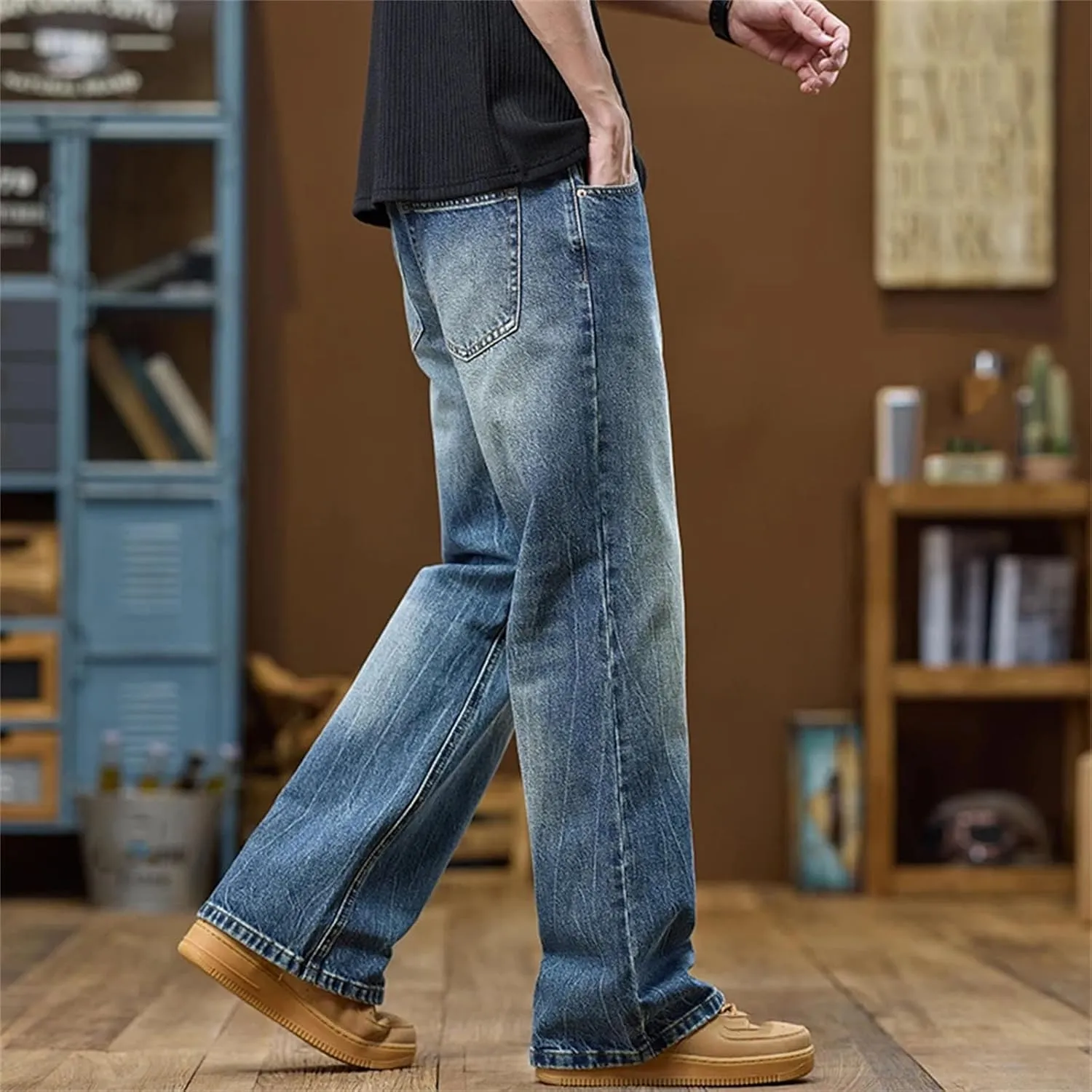 Mens High Waist Baggy Jeans Wide Leg Denim Pants Casual Loose Fit Jeans with Pockets