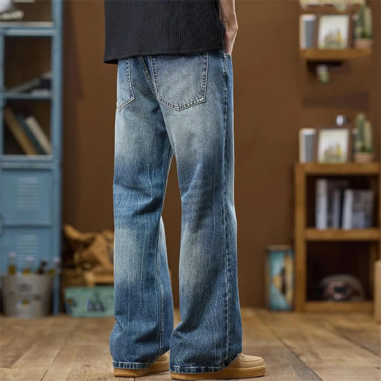 Mens High Waist Baggy Jeans Wide Leg Denim Pants Casual Loose Fit Jeans with Pockets