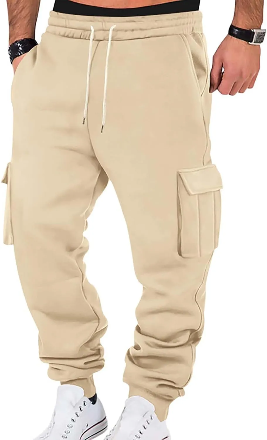 Men's Hiking Cargo Pants Active Elastic Waist Pants with Multi-Pocket Fit Drawstring Casual Trousers