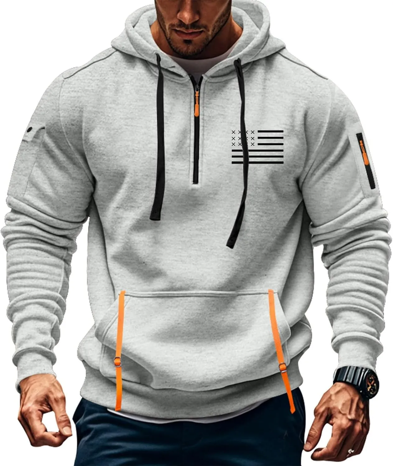 Mens Hoodies Pullover Quarter Zip Heavyweight Workout Sweatshirt Usa Flag Print Military Tactical Hoodie With Pockets