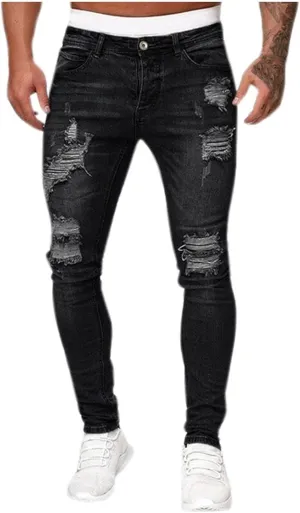Mens Jeans Pants Straight Hole Buckle Zipper Middle Waist Denim Long Pants Trousers Pants Comfort Flex Waist Jean