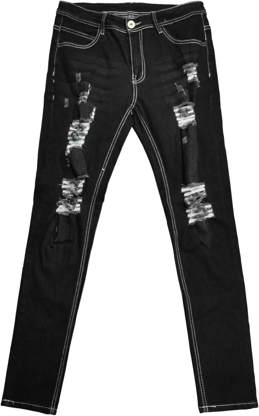 Mens Jeans Pants Straight Hole Buckle Zipper Middle Waist Denim Long Pants Trousers Pants Comfort Flex Waist Jean