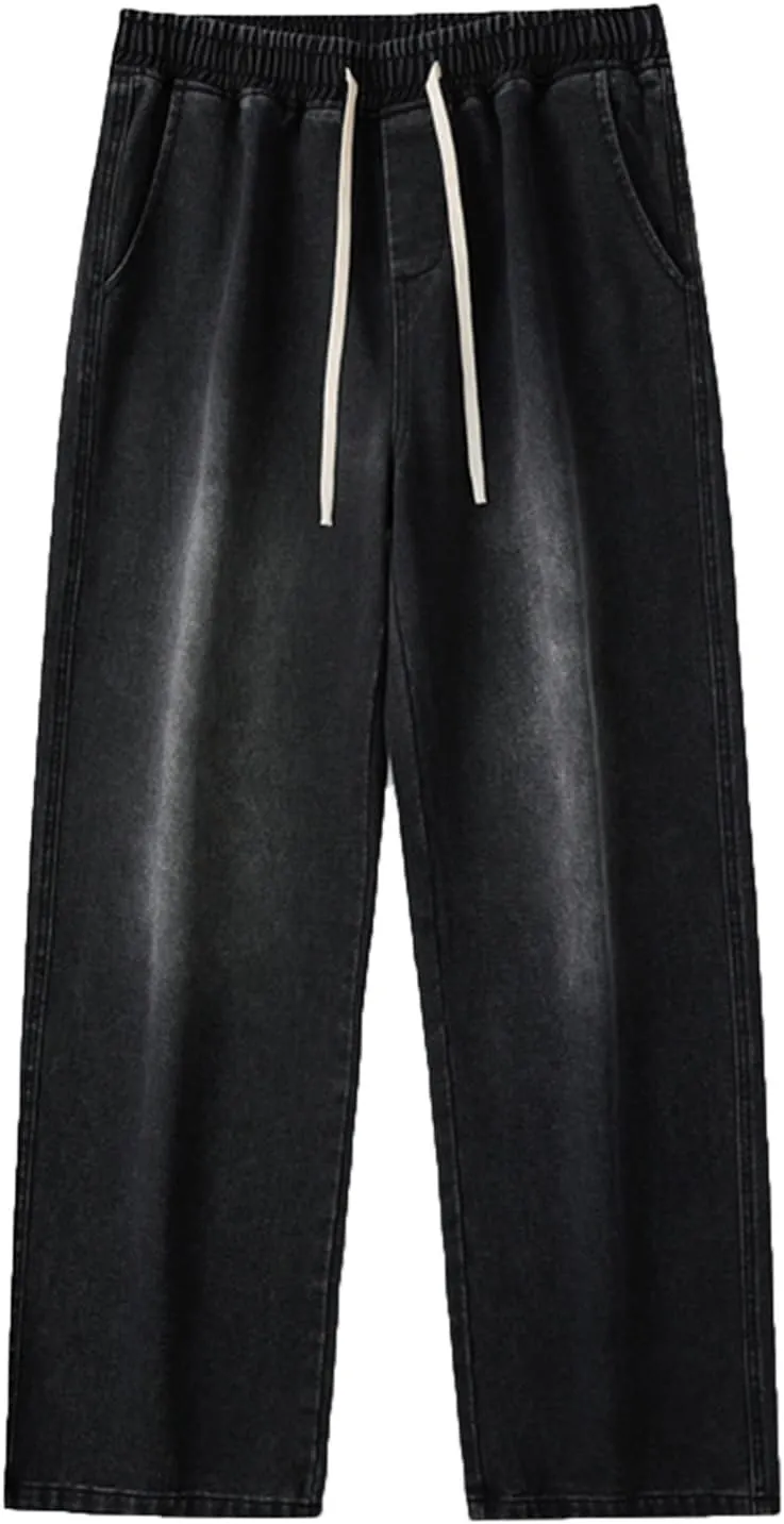Mens Jeans Relaxed Fit Wide Leg Drawstring Denim Pants Summer Baggy Casual Straight Legs Jeans Hip Hop Trousers