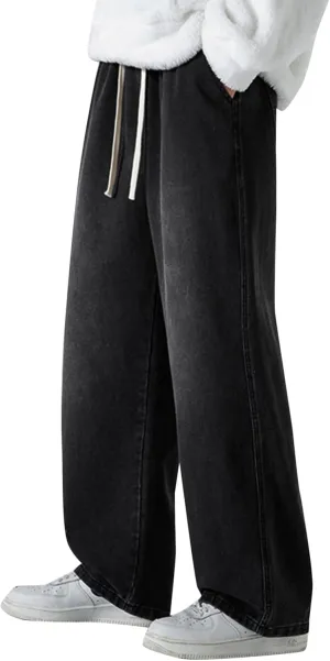 Mens Jeans Relaxed Fit Wide Leg Drawstring Denim Pants Summer Baggy Casual Straight Legs Jeans Hip Hop Trousers