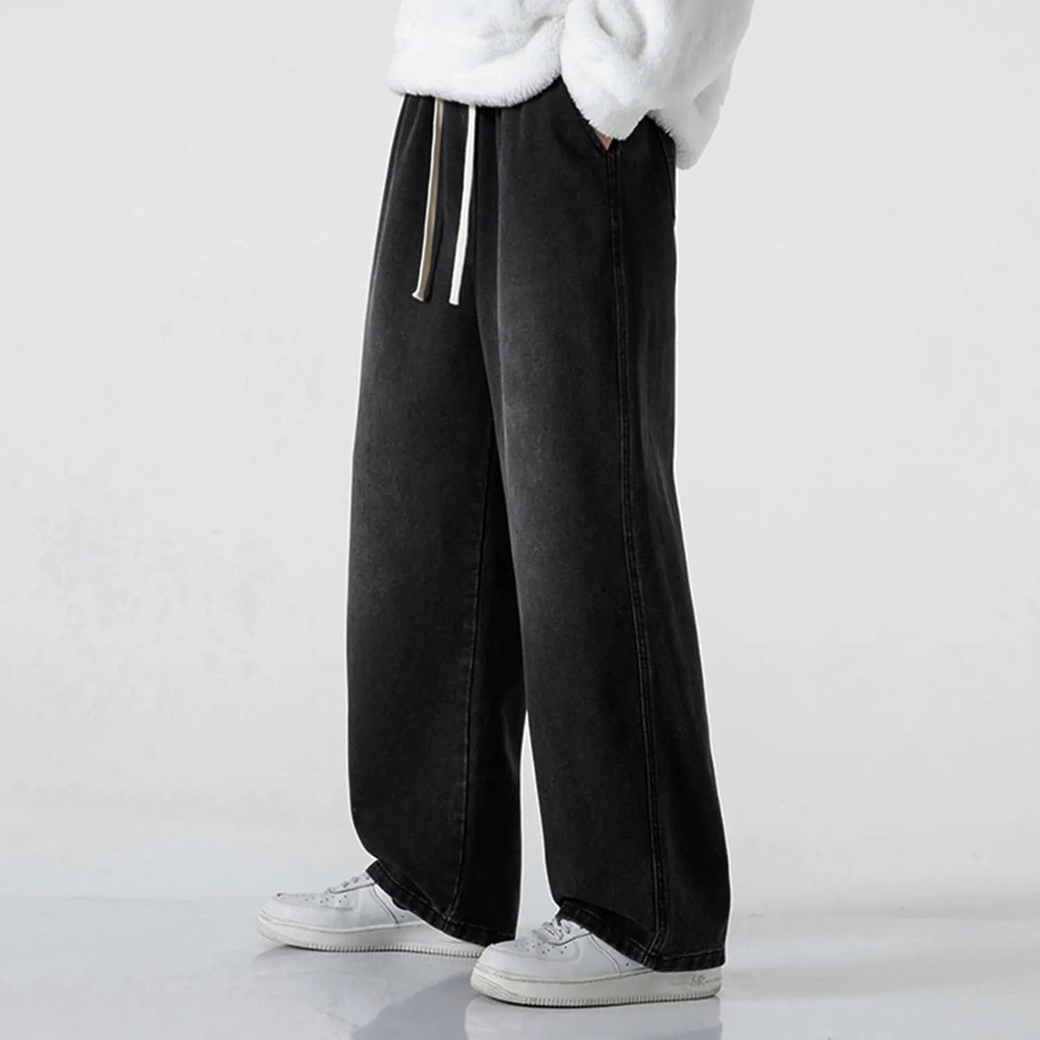 Mens Jeans Relaxed Fit Wide Leg Drawstring Denim Pants Summer Baggy Casual Straight Legs Jeans Hip Hop Trousers