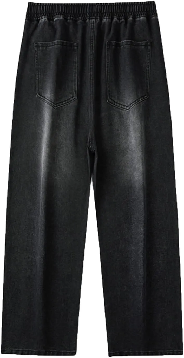 Mens Jeans Relaxed Fit Wide Leg Drawstring Denim Pants Summer Baggy Casual Straight Legs Jeans Hip Hop Trousers