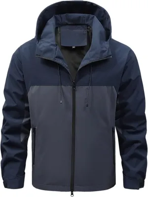 Men's Lightweight Hooded Jackets Vintage Patchwork Zip Up Windbreaker Waterproof Raincoat for Outdoor Hiking Cycling