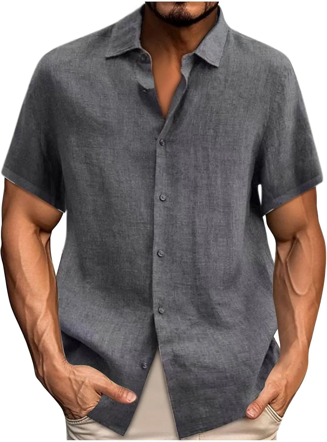 Mens Linen Shirt 2024 Summer Casual Short Sleeve Button Down Beach Lightweight Tshirt Hawaiian Vacation Shirts Outfit