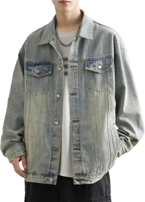 Men's Loose Denim Jacket Washed Distressed Denim Coat Casual Lapel Washed Button Down Trucker Jacket