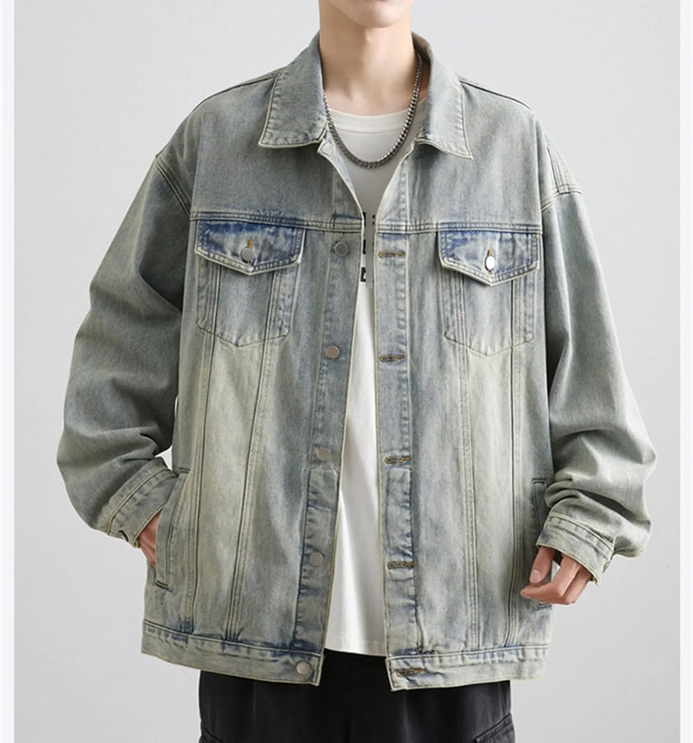 Men's Loose Denim Jacket Washed Distressed Denim Coat Casual Lapel Washed Button Down Trucker Jacket