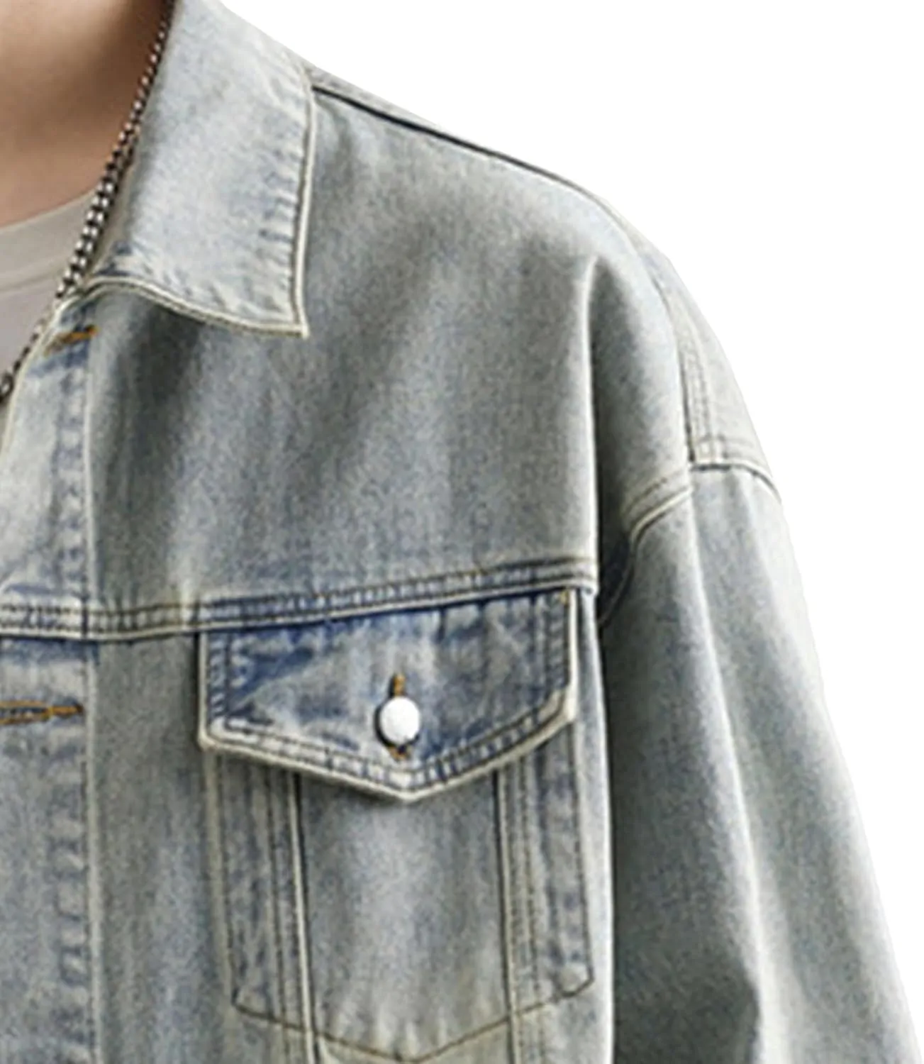 Men's Loose Denim Jacket Washed Distressed Denim Coat Casual Lapel Washed Button Down Trucker Jacket