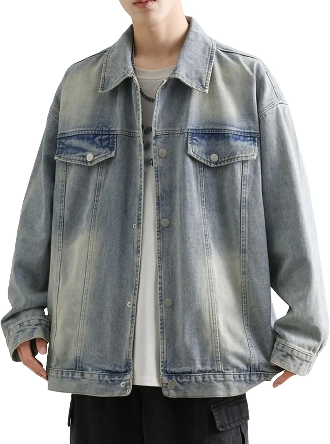 Men's Loose Denim Jacket Washed Distressed Denim Coat Casual Lapel Washed Button Down Trucker Jacket