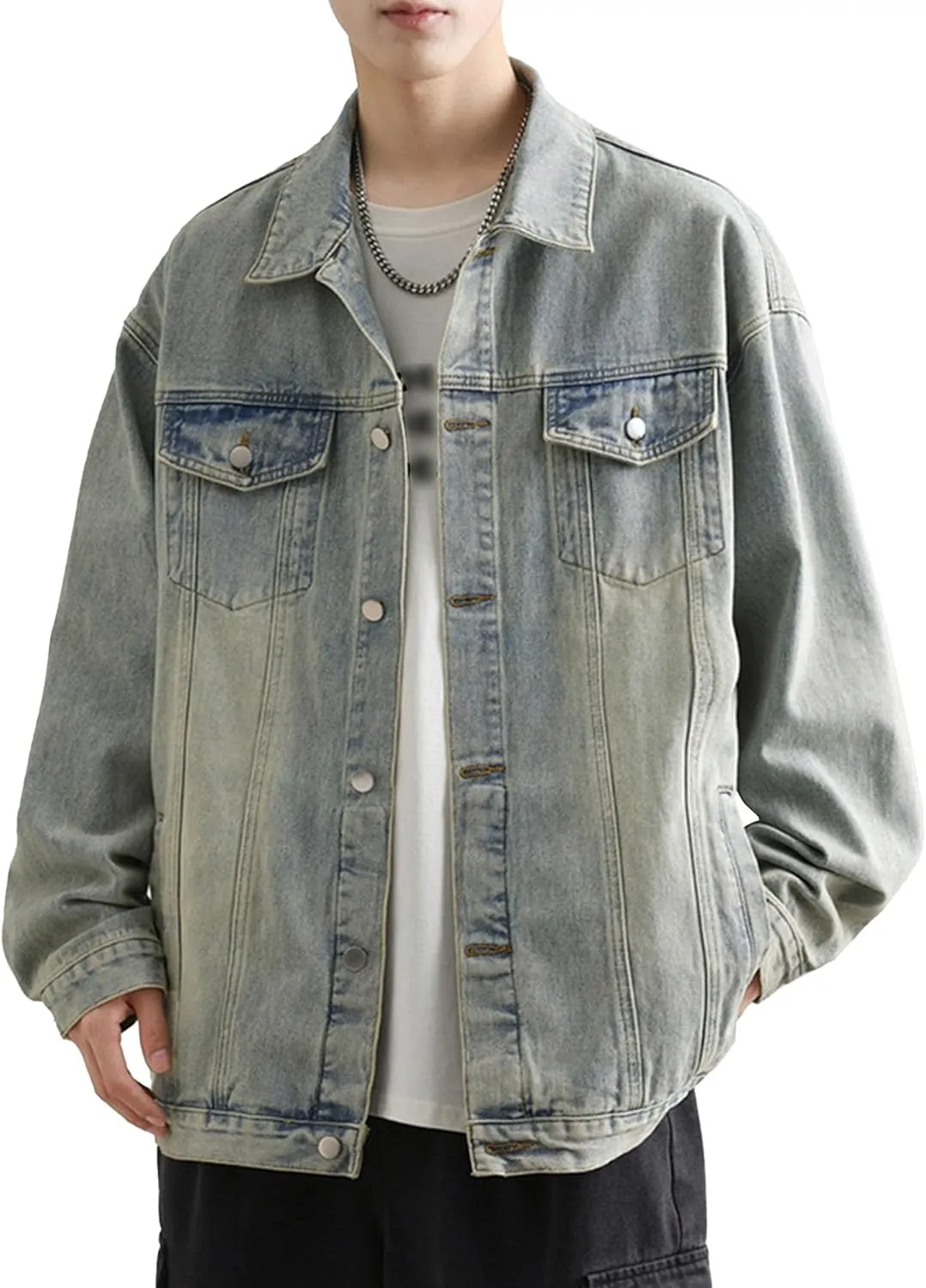 Men's Loose Denim Jacket Washed Distressed Denim Coat Casual Lapel Washed Button Down Trucker Jacket