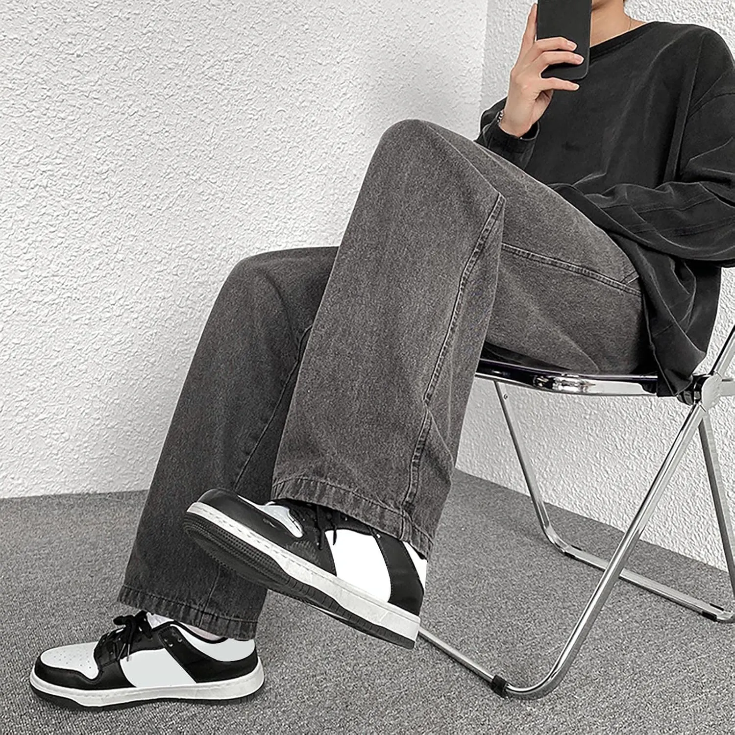 Mens Loose Fit Jeans Y2k Hip Hop Straight Leg Jean Baggy Streetwear Wide Leg Denim Pants Casual Low Rise Trousers