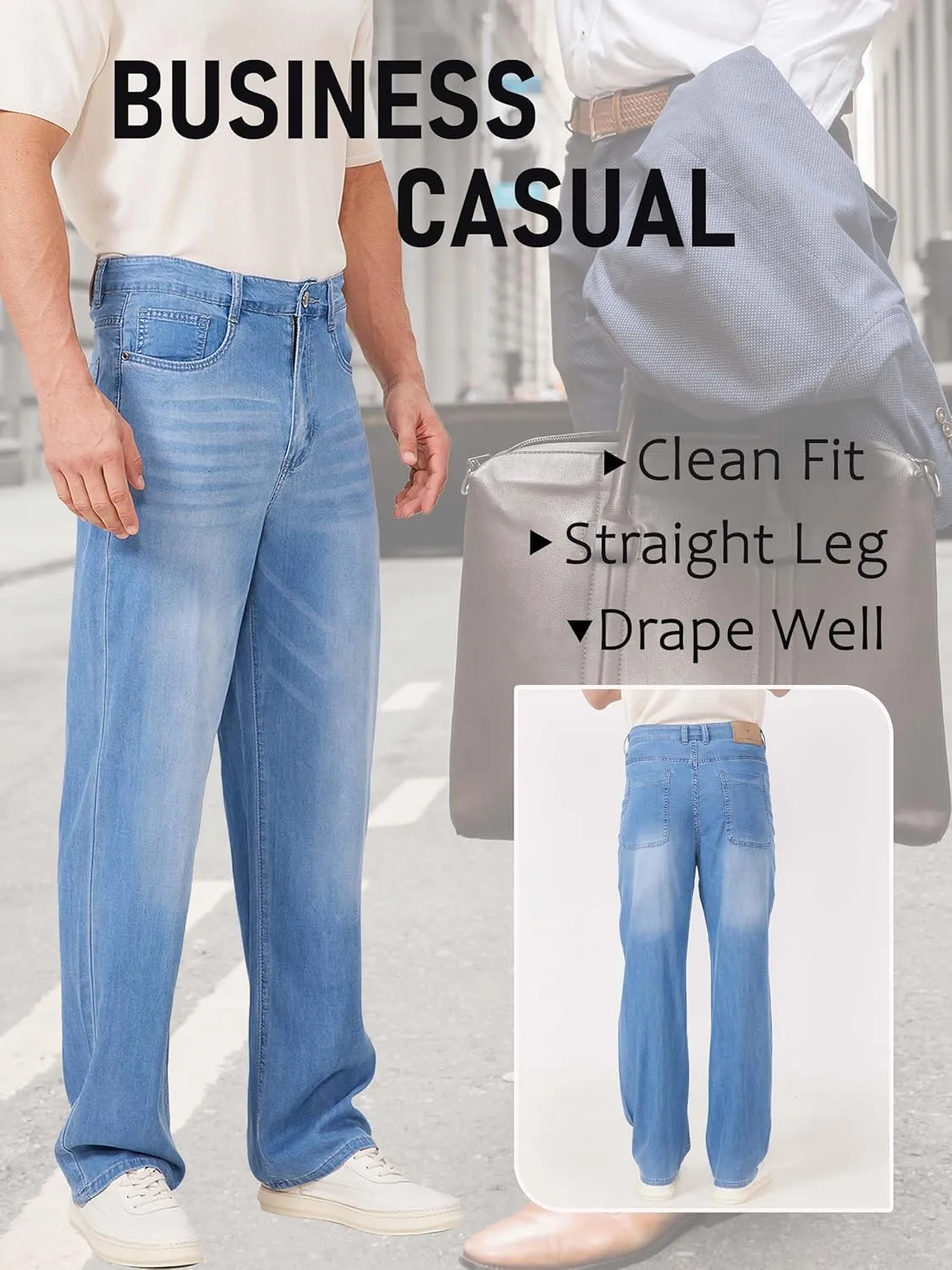 Mens Lyocell Loose Fit Jeans Business Casual Thin and Light Summer Baggy Denim Pants