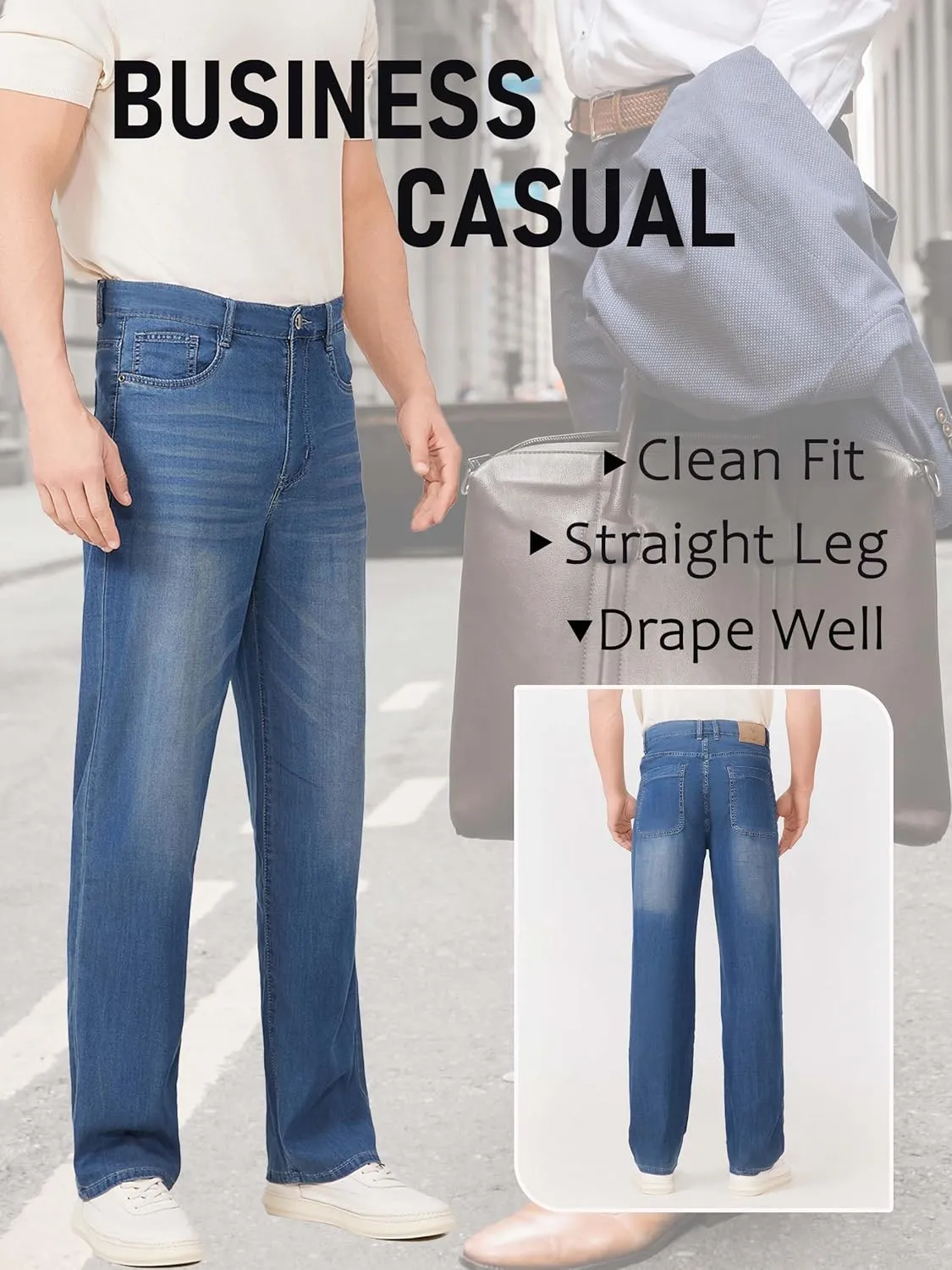 Mens Lyocell Loose Fit Jeans Business Casual Thin and Light Summer Baggy Denim Pants
