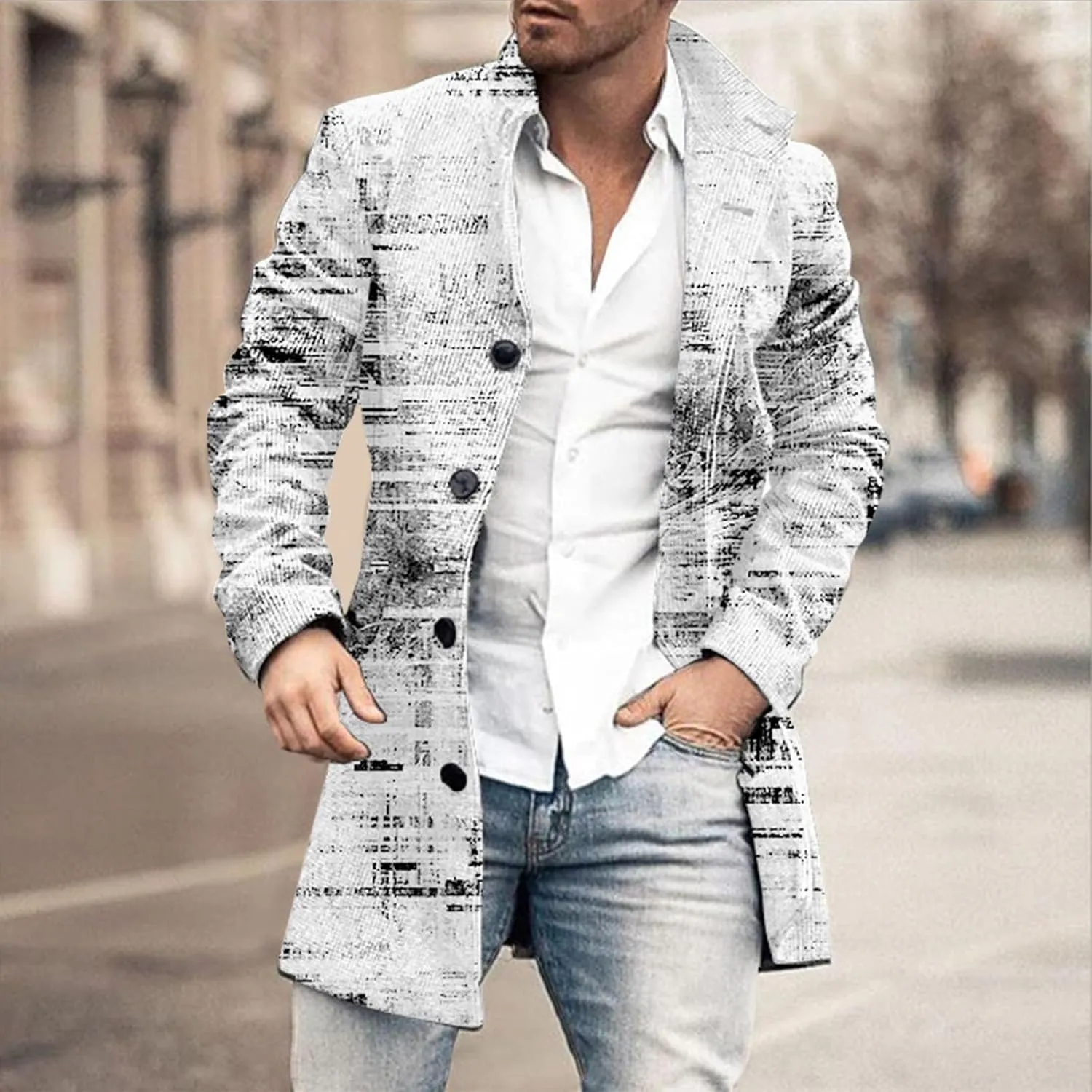 Mens Mid Long Trench Coat Stand Collar Winter Plaid Printed Top Coat Jacket Single Breasted Business Overcoat Outwear