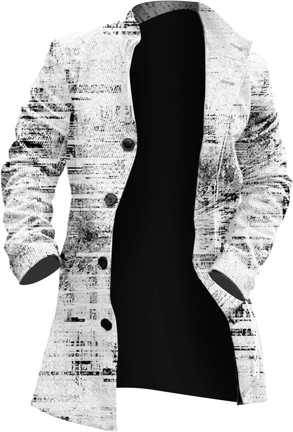 Mens Mid Long Trench Coat Stand Collar Winter Plaid Printed Top Coat Jacket Single Breasted Business Overcoat Outwear