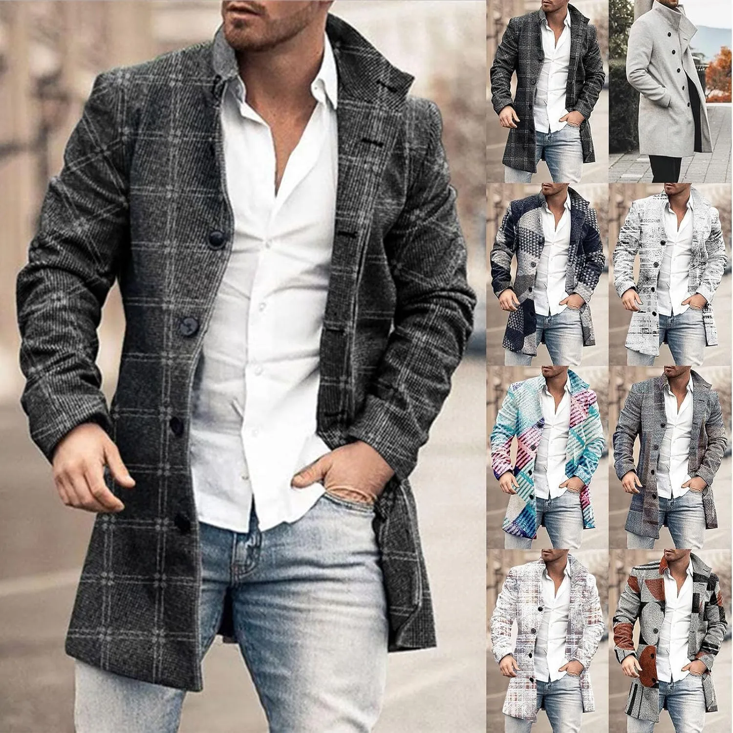 Mens Mid Long Trench Coat Stand Collar Winter Plaid Printed Top Coat Jacket Single Breasted Business Overcoat Outwear