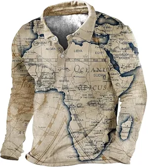 Mens Polo Shirts Casual Long Sleeve Collared World Map Pattern Print T-Shirt Workout Slim Fit Basic Designed Cotton Golf Tops