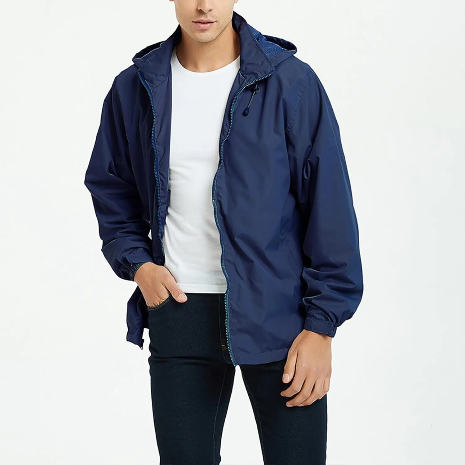 Mens Rain Jacket Mesh Breathable Lightweight Raincoat Waterproof with Removable Hood Windbreaker Travel Hiking Jacket