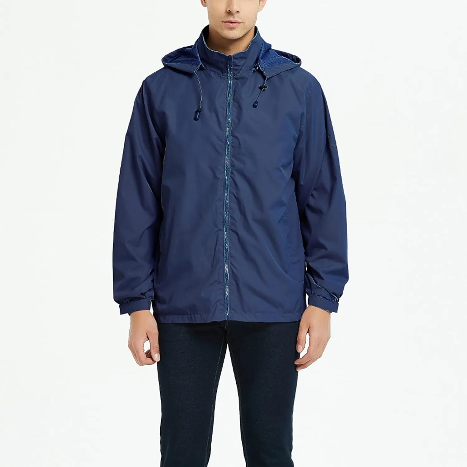 Mens Rain Jacket Mesh Breathable Lightweight Raincoat Waterproof with Removable Hood Windbreaker Travel Hiking Jacket
