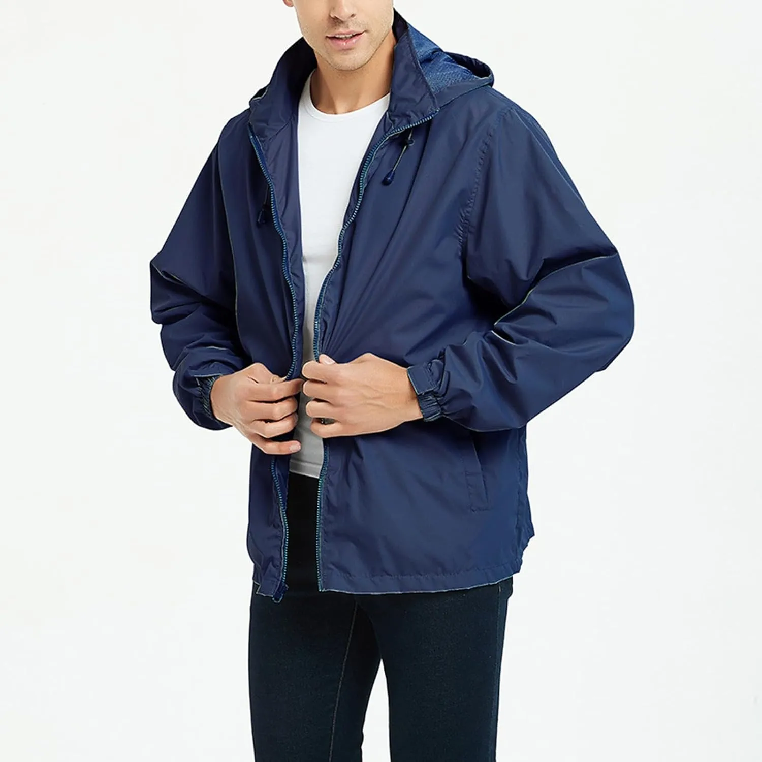 Mens Rain Jacket Mesh Breathable Lightweight Raincoat Waterproof with Removable Hood Windbreaker Travel Hiking Jacket