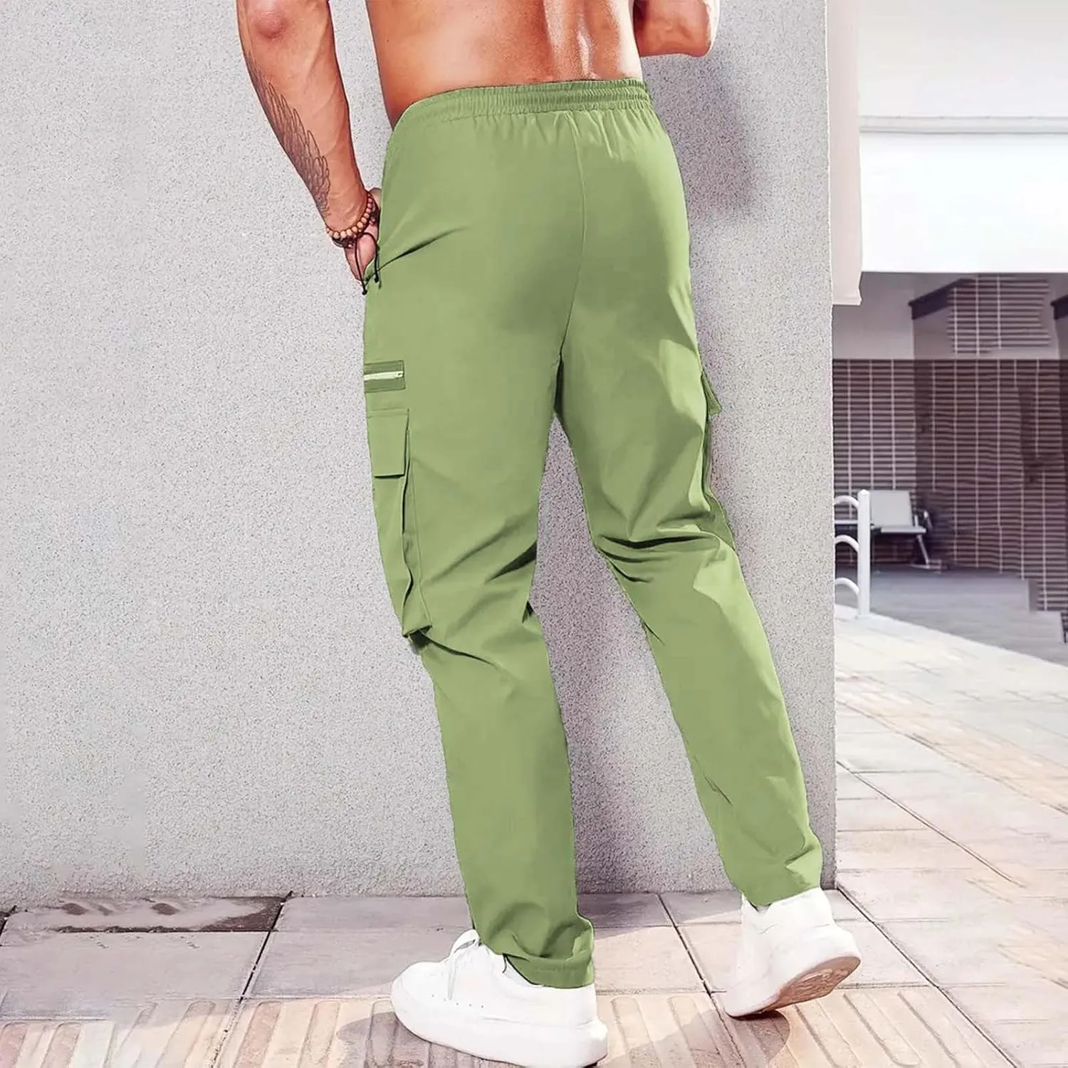 Mens Resort Wear 2025 Polyester Pants,Elastic Waist Drawstring Cargo Pants Lightweight Casual Summer Beach Trousers
